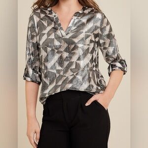 Atwood Geo Metallic 3/4 Sleeve Popover Sheer Blouse Size M